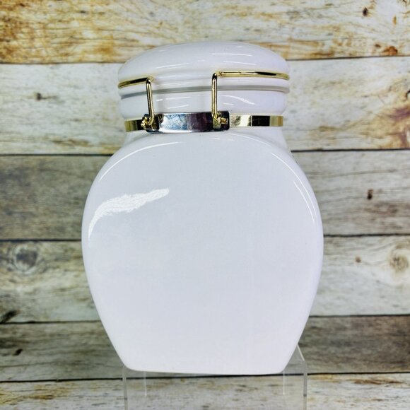 Vintage EUROPEAN COFFEEHOUSE White Gold Letters Ceramic Airtight 8.5"T Canister - Picture 4 of 16